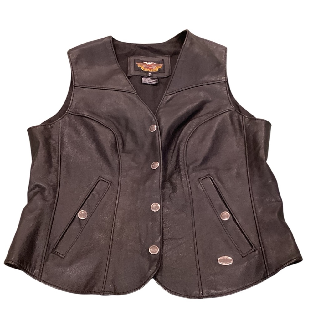 Harley-Davidson Women's Black Leather Vest w/ custom 'Wild‎ Love' print Size LRG